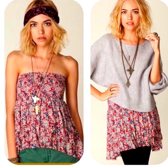 Free People Tops - Vintage Free People Strapless Floral Tube Top/Skirt Tiered Front/Back Raw Hem
